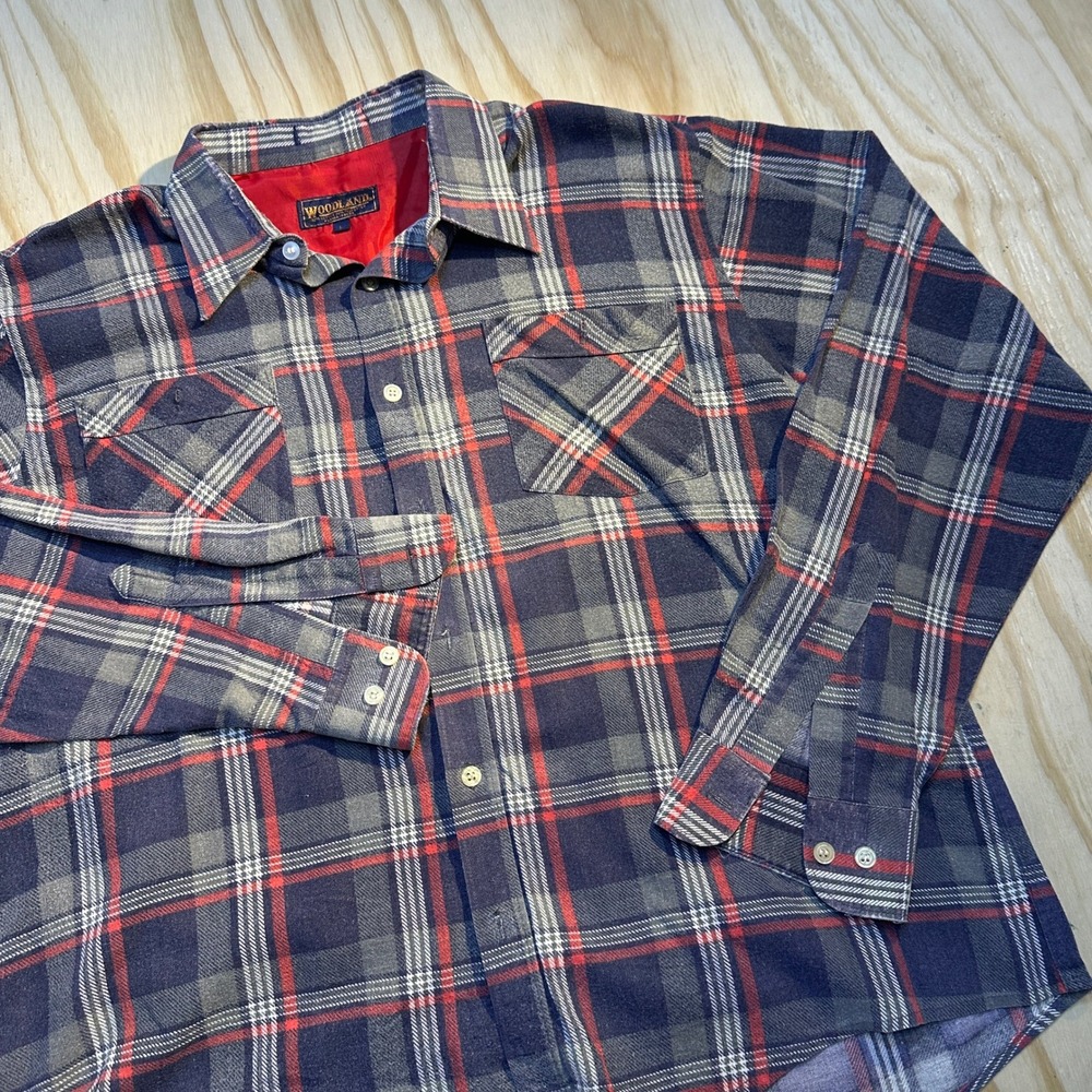 70s 80s Woodland Mens Large Blue Red Plaid Flannel Button Down Shirt Long Sleeve